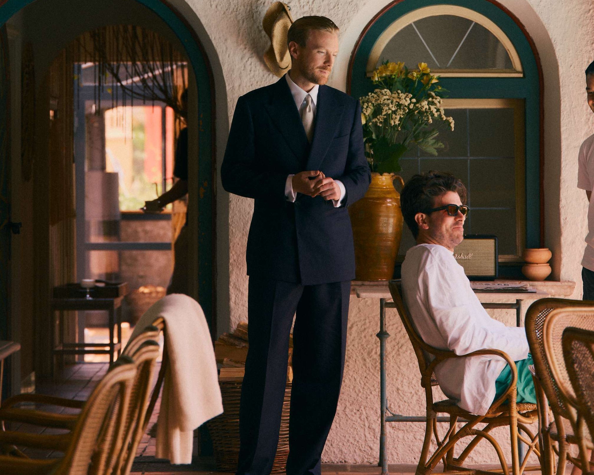 Groom wears Casely-Hayford made-to-measure suit for wedding day.