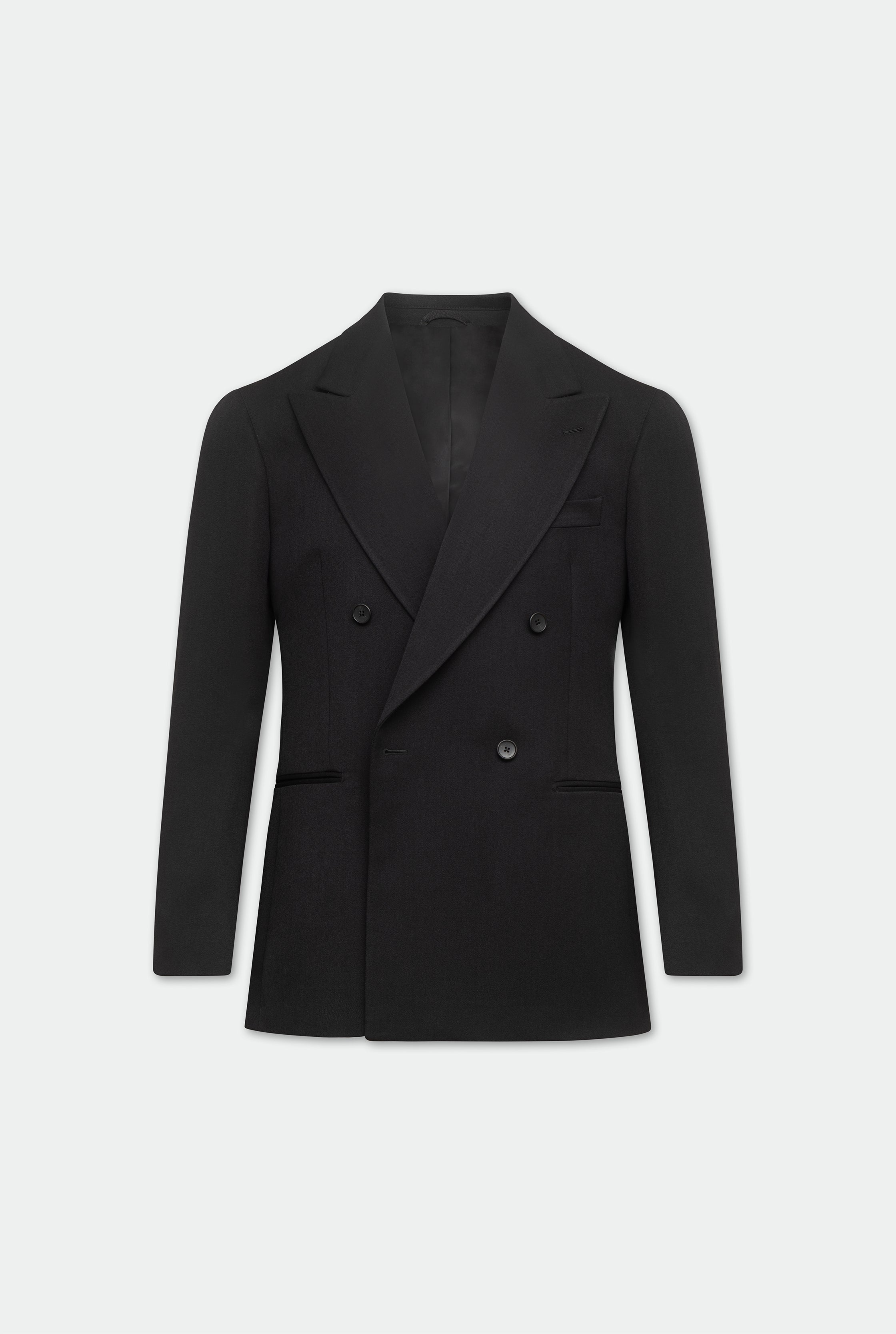 A black double breasted two-piece wool suit with wide peak lapels and a low-break button closure.
