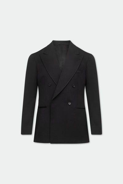 A black double breasted two-piece wool suit with wide peak lapels and a low-break button closure.