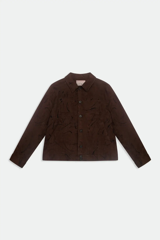 brown printed bomber jacket laid out flat and buttoned up