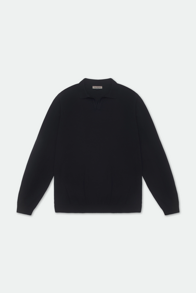Casely-Hayford Caleb Navy Open Placket Knitted Polo Shirt, product image.