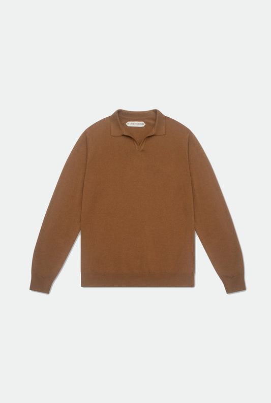 Caleb Camel Open Placket Knitted Polo Shirt