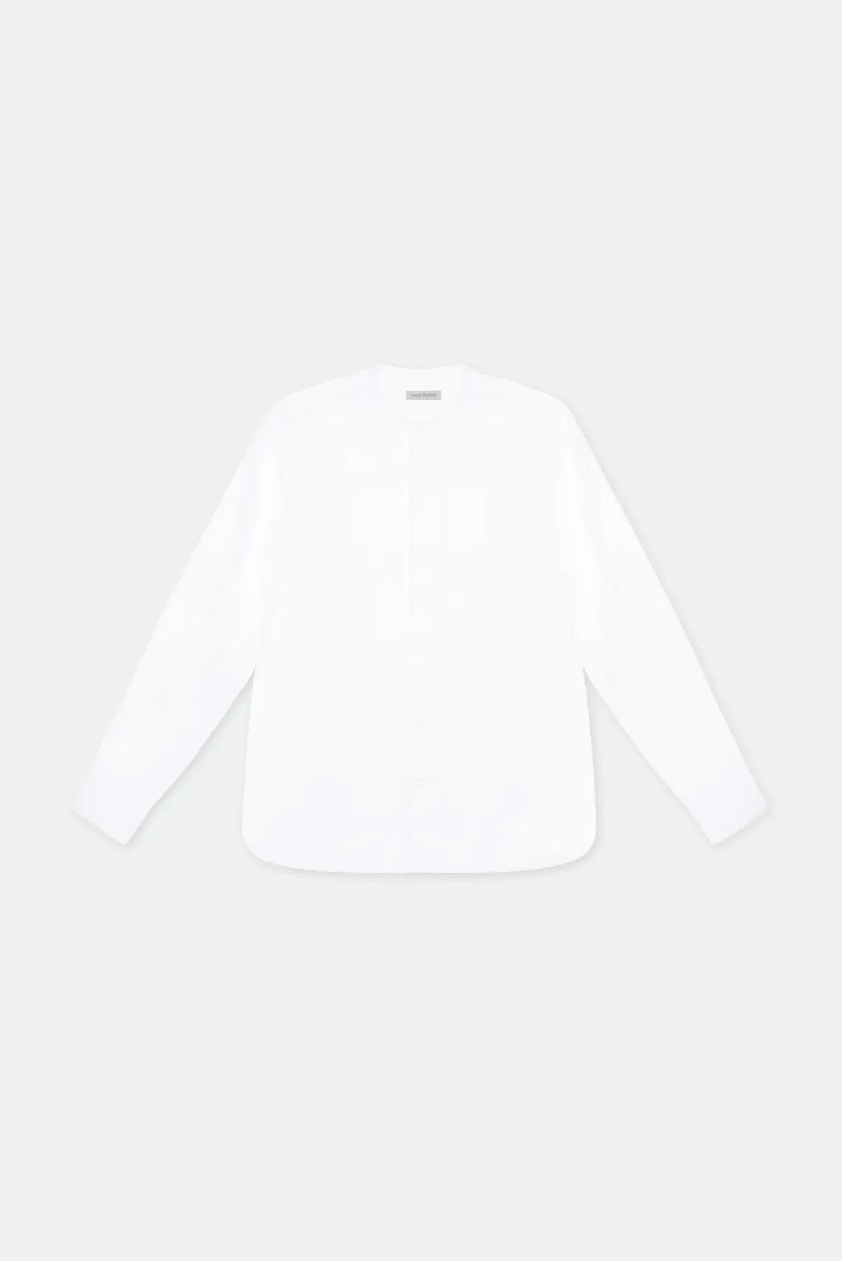 a collarless white shirt laid out flat and open 