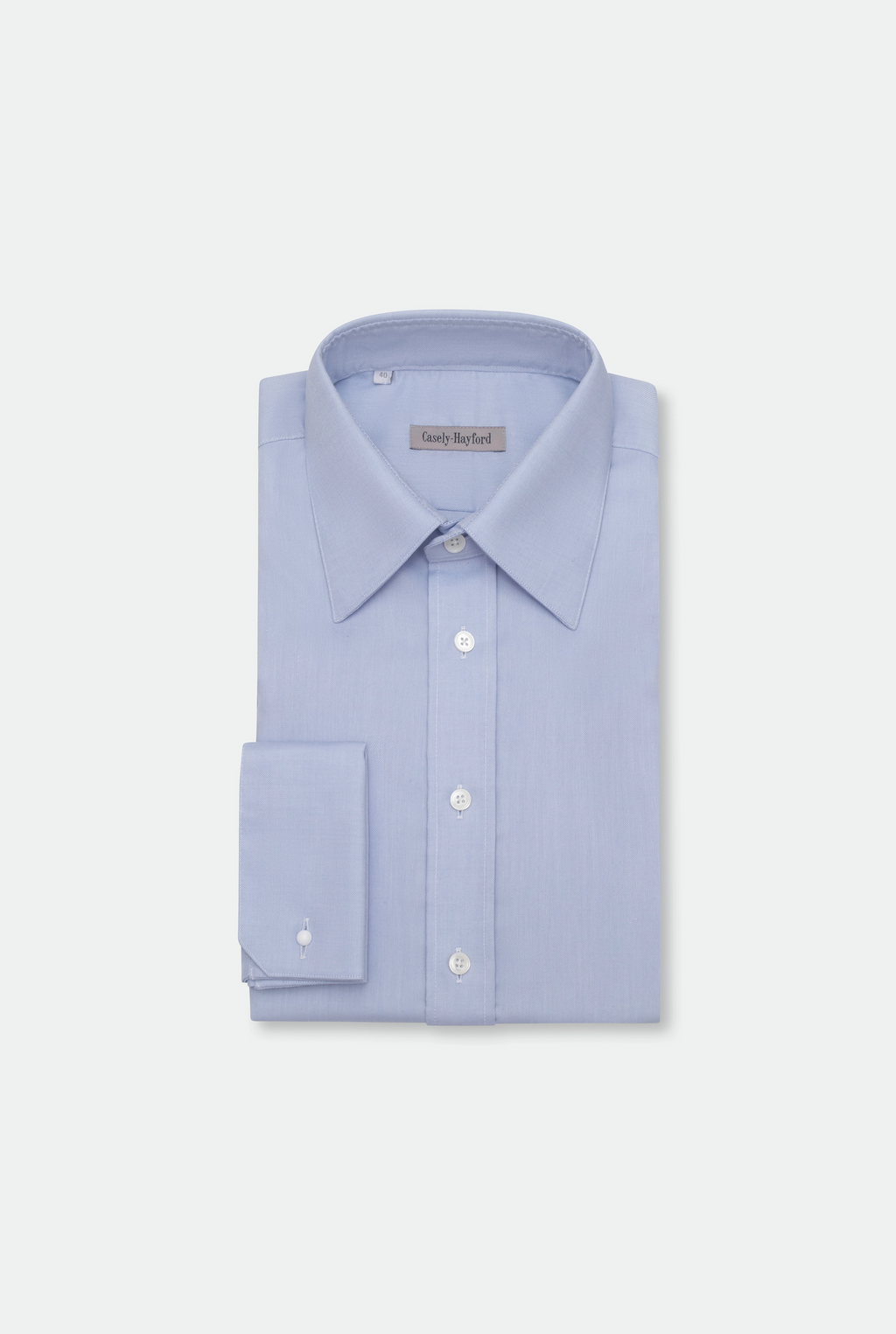 Casely Hayford Jackson Light Blue Oxford Classic London Collar Shirt: Flatlay of button up cotton shirt