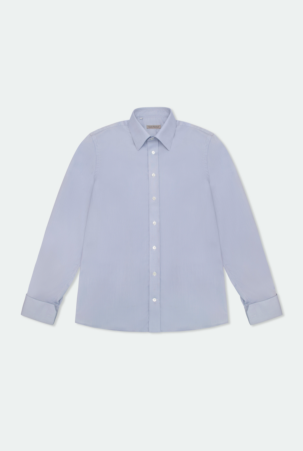 Casely Hayford Jackson Light Blue Oxford Classic London Collar Shirt: Flatlay of button up cotton shirt. 
