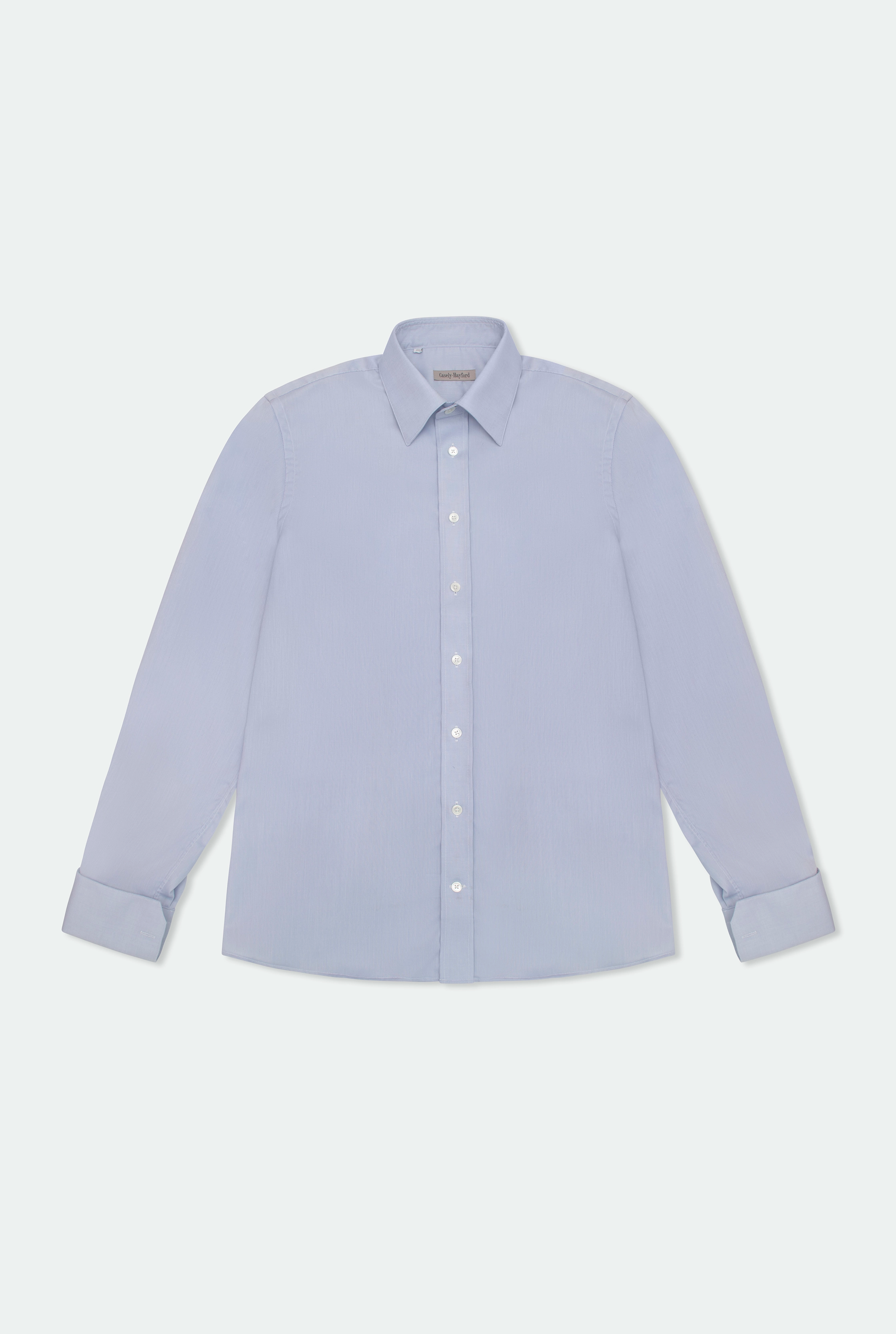 Casely Hayford Jackson Light Blue Oxford Classic London Collar Shirt: Flatlay of button up cotton shirt. 
