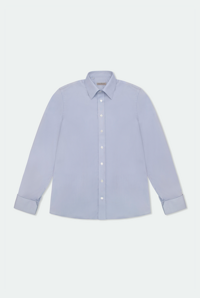 Casely Hayford Jackson Light Blue Oxford Classic London Collar Shirt: Flatlay of button up cotton shirt. 
