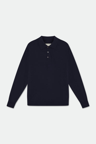 Leo Navy Knitted Polo Merino Wool Shirt