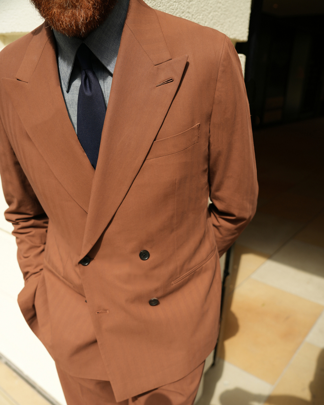Isaac Tobacco Double Breasted Peak Lapel Suit