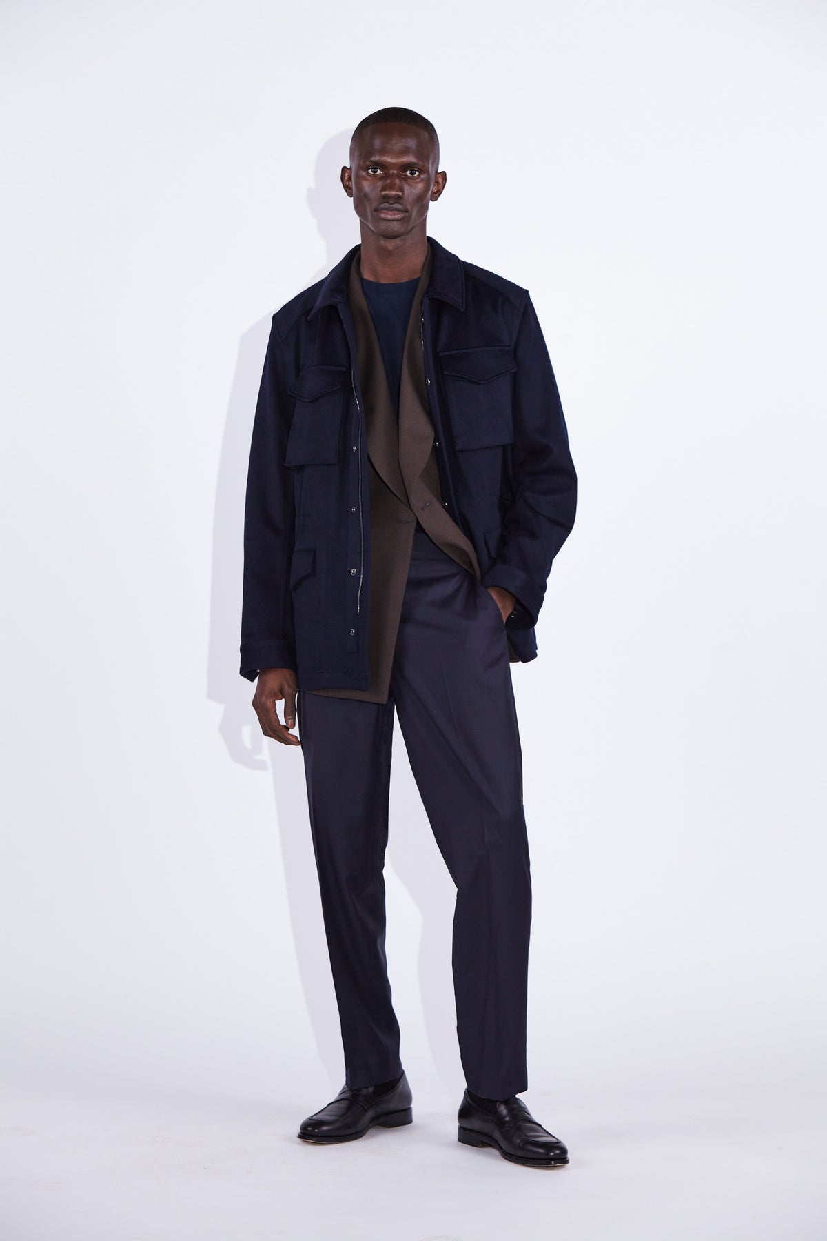 Model wear Casely-Hayford Fabian Navy Field Cotton Corduroy Jacket. 
