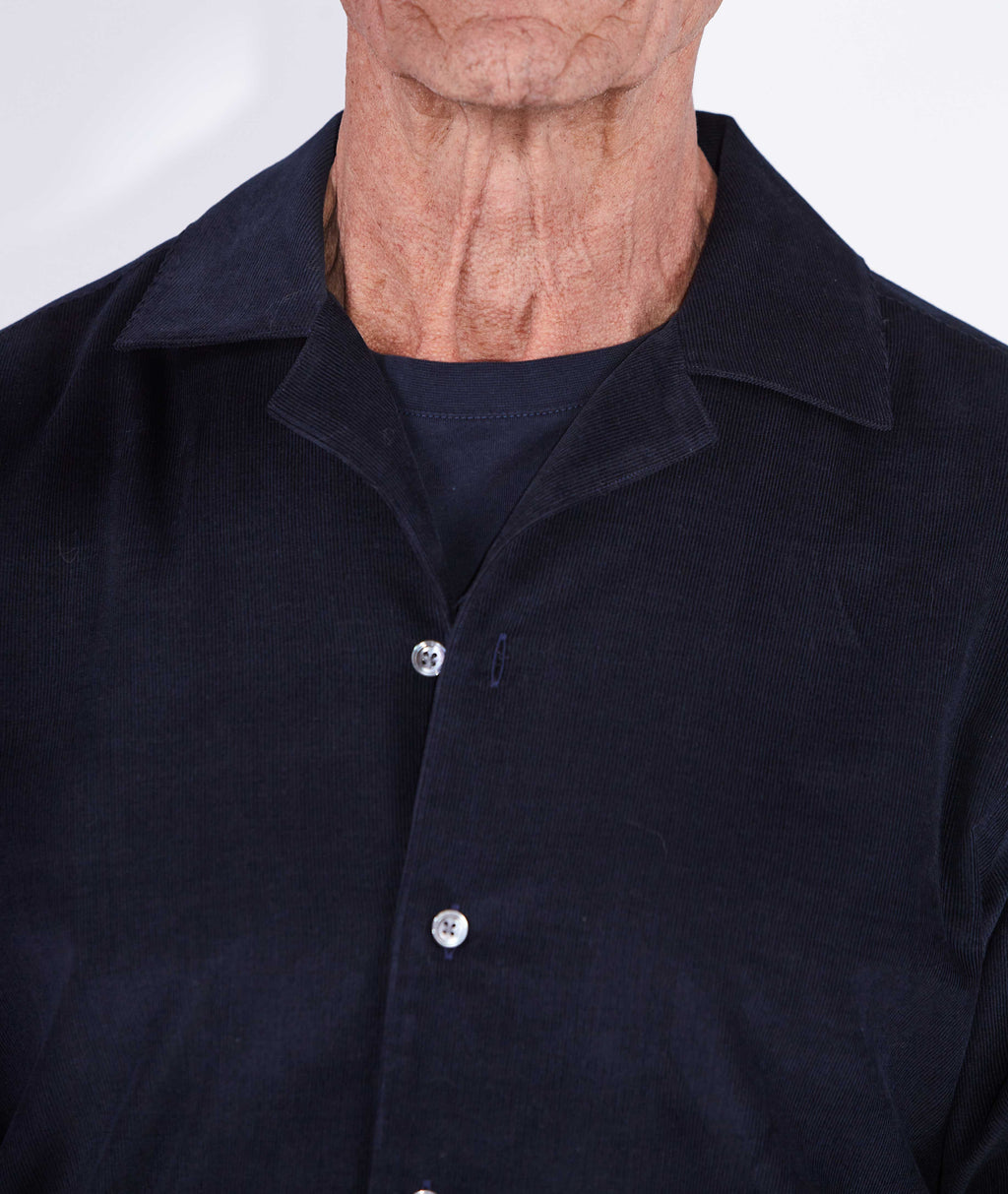 Model wears Jax Navy Camp Collar Corduroy Shirt. 