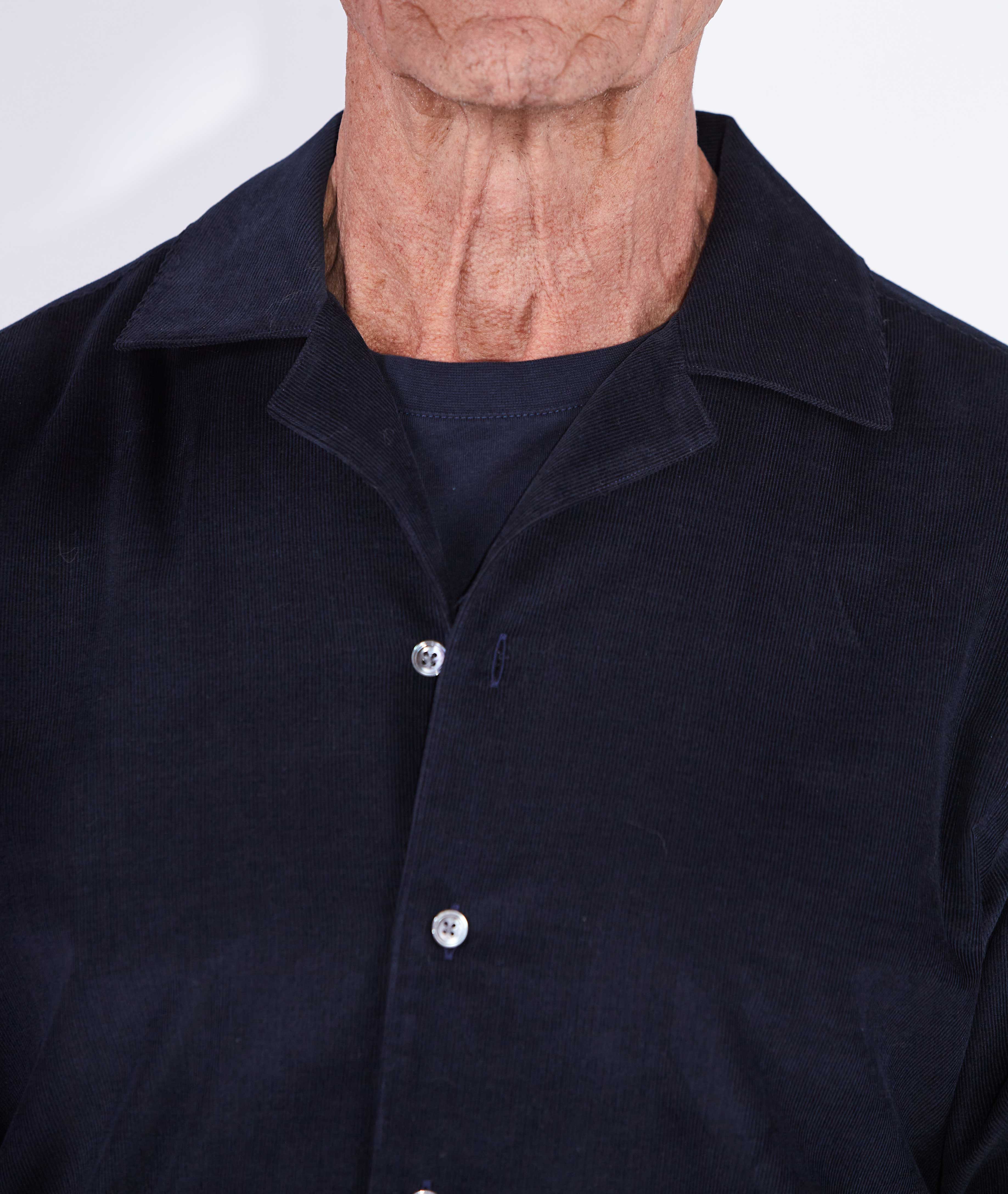 Model wears Jax Navy Camp Collar Corduroy Shirt. 