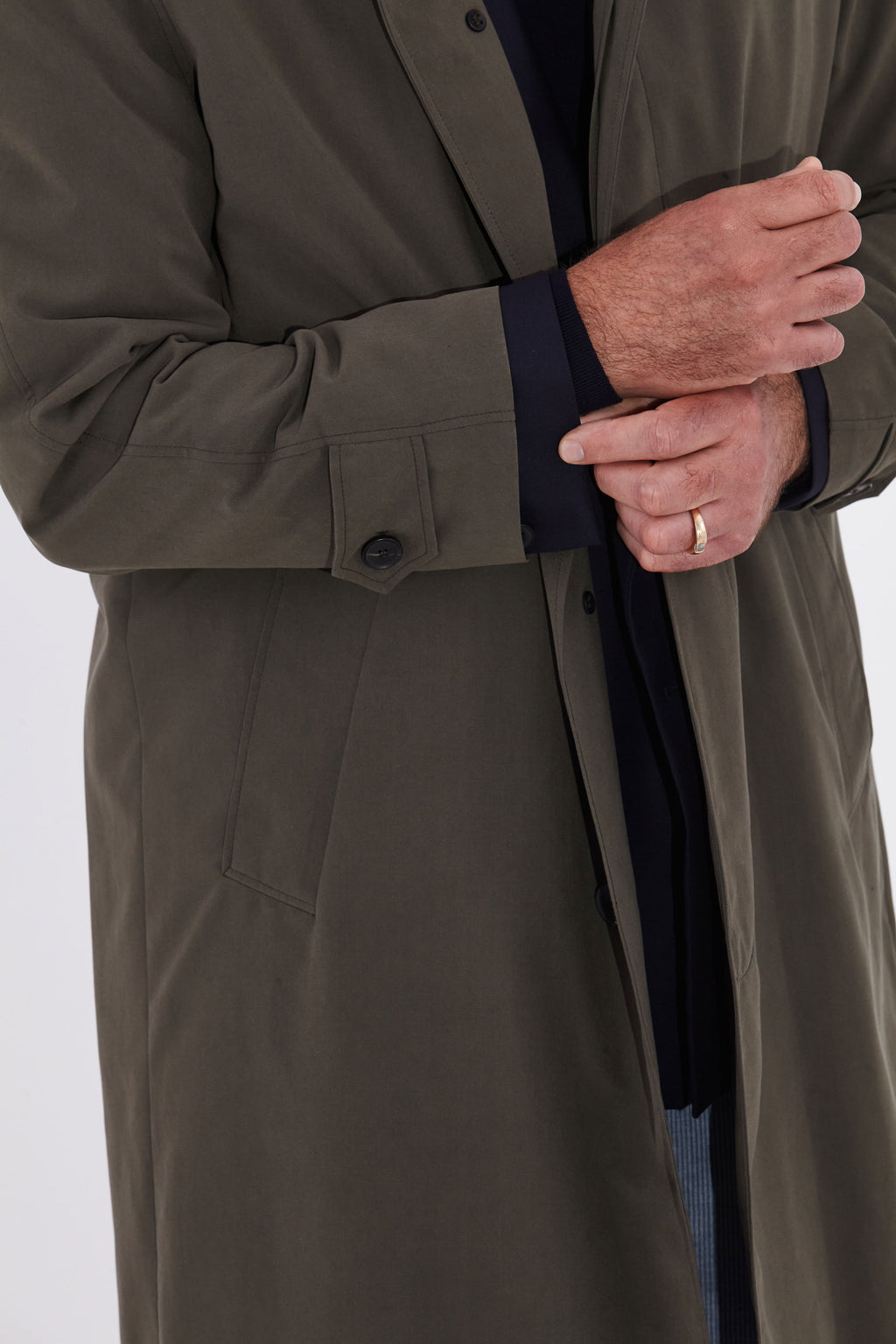 Model wears Casely-Hayford Klee Lovat Raglan Overcoat.