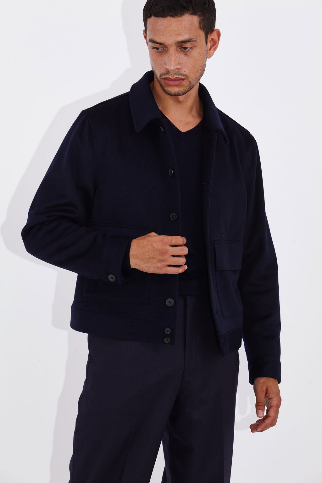 Sebastian Navy Loro Piana Cropped Patch Pocket Jacket