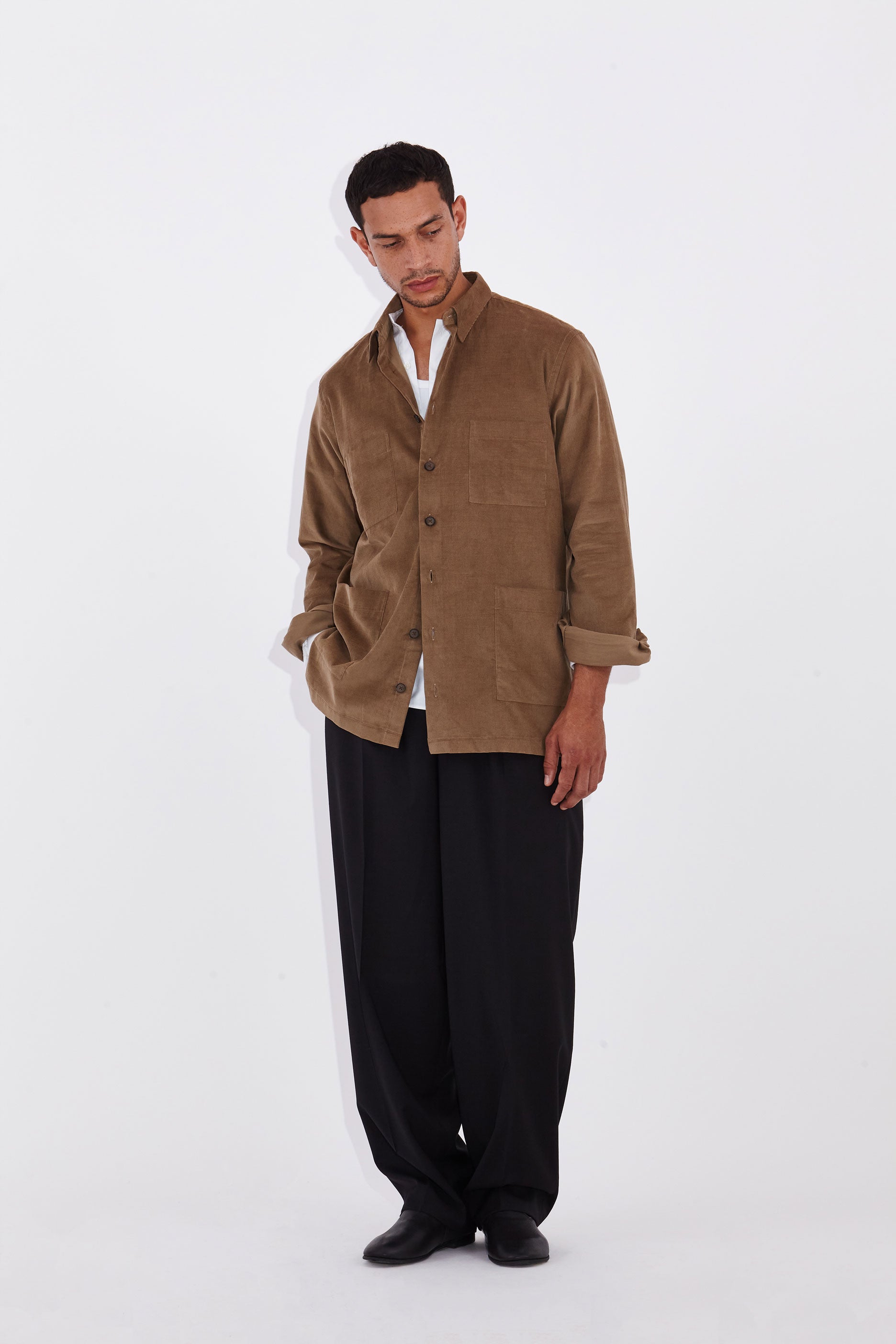 Model wear Casely-Hayford Moses Camel Patch Pocket Shirt Corduroy Jacket