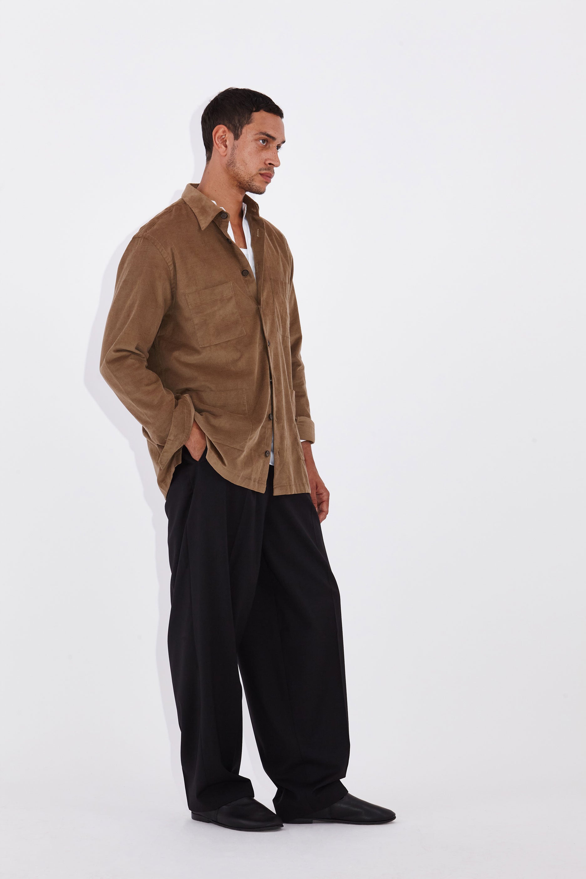 Model wear Casely-Hayford Moses Camel Patch Pocket Shirt Corduroy Jacket
