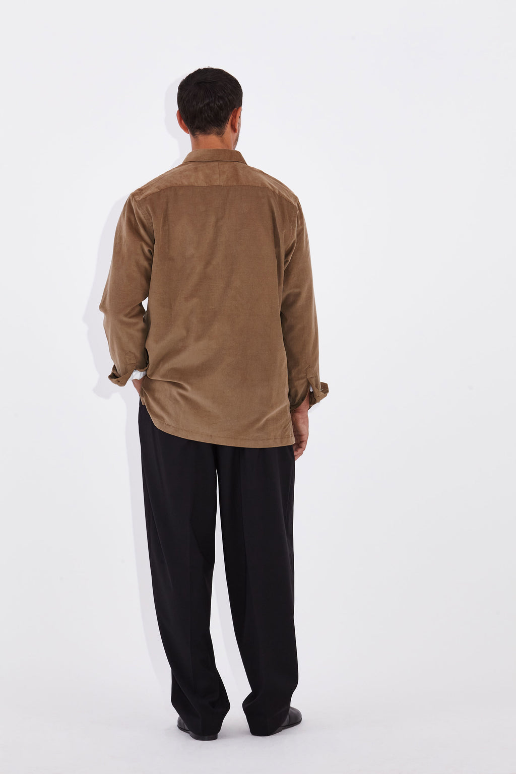 Model wear Casely-Hayford Moses Camel Patch Pocket Shirt Corduroy Jacket