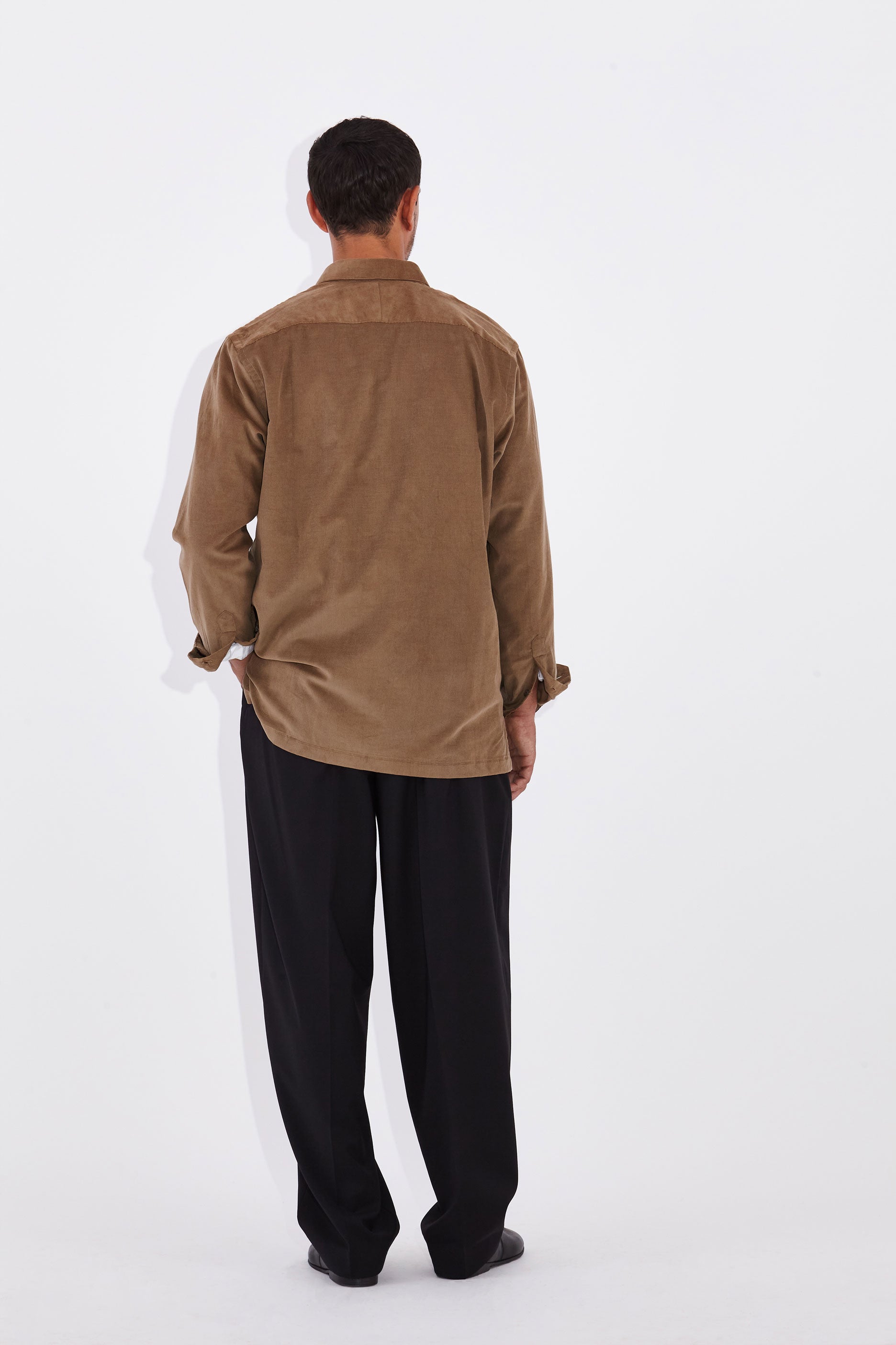 Model wear Casely-Hayford Moses Camel Patch Pocket Shirt Corduroy Jacket