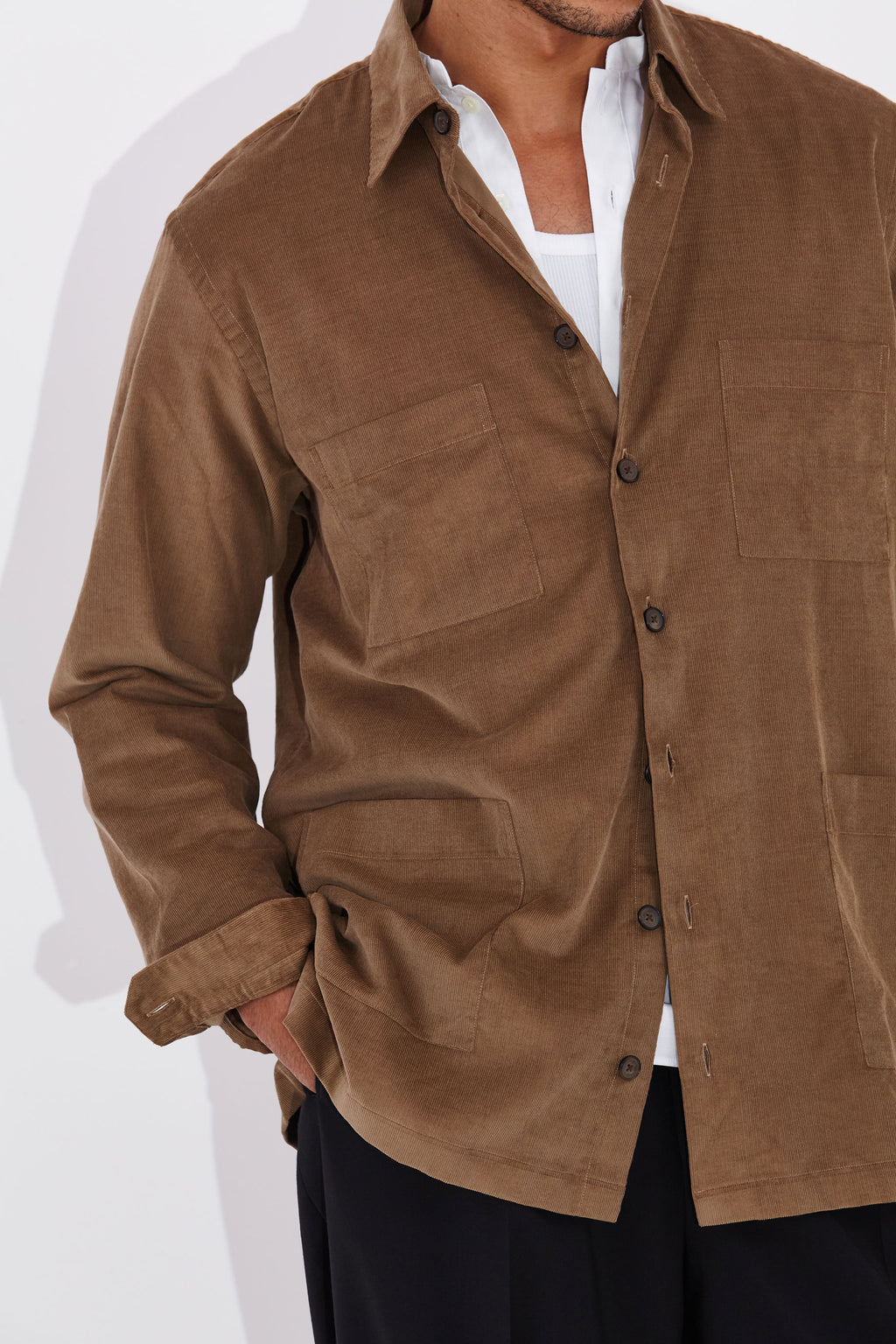 Model wear Casely-Hayford Moses Camel Patch Pocket Shirt Corduroy Jacket
