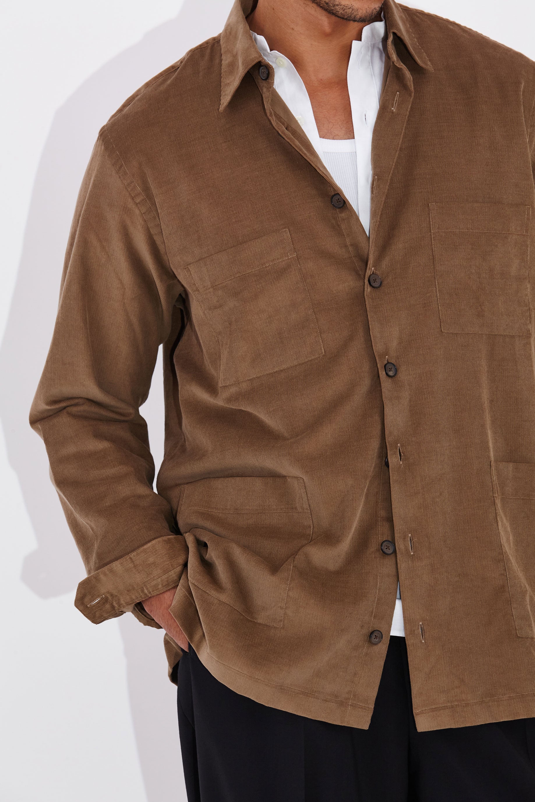 Model wear Casely-Hayford Moses Camel Patch Pocket Shirt Corduroy Jacket