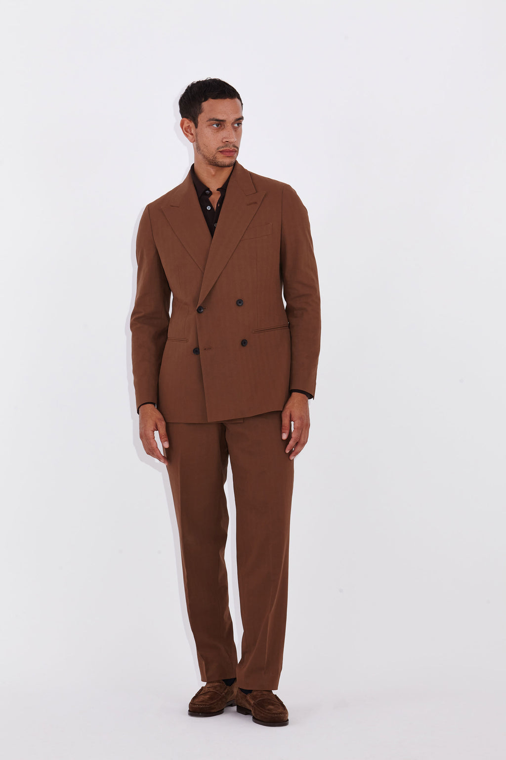 Isaac Tobacco Double Breasted Peak Lapel Suit