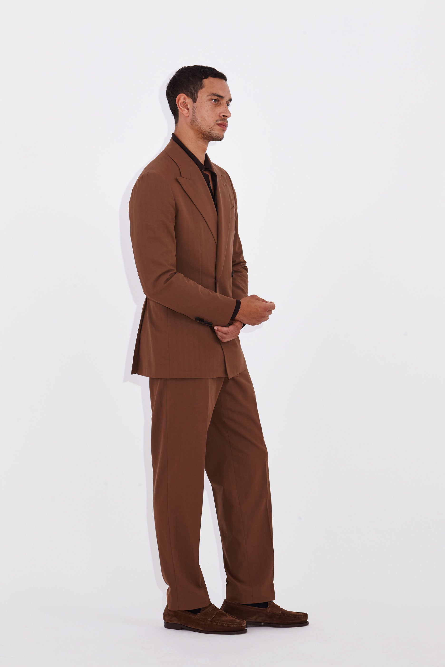 Isaac Tobacco Double Breasted Peak Lapel Suit