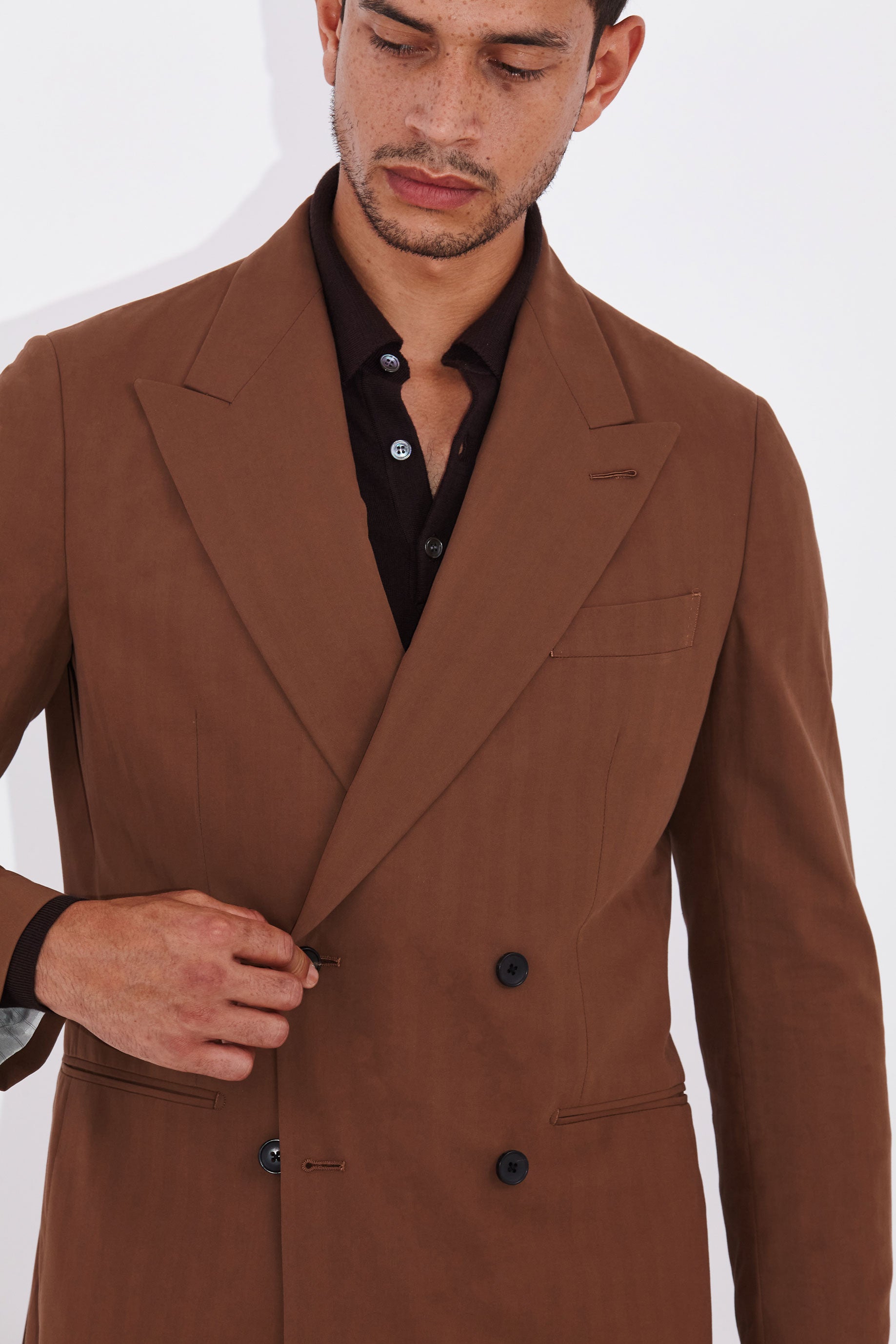 Isaac Tobacco Double Breasted Peak Lapel Suit