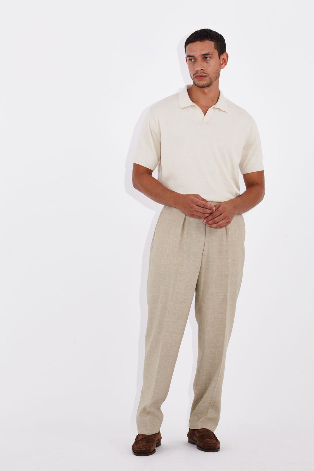 Casely-Hayford Joel Honeycomb Sand Open Buttonless Placket Polo.