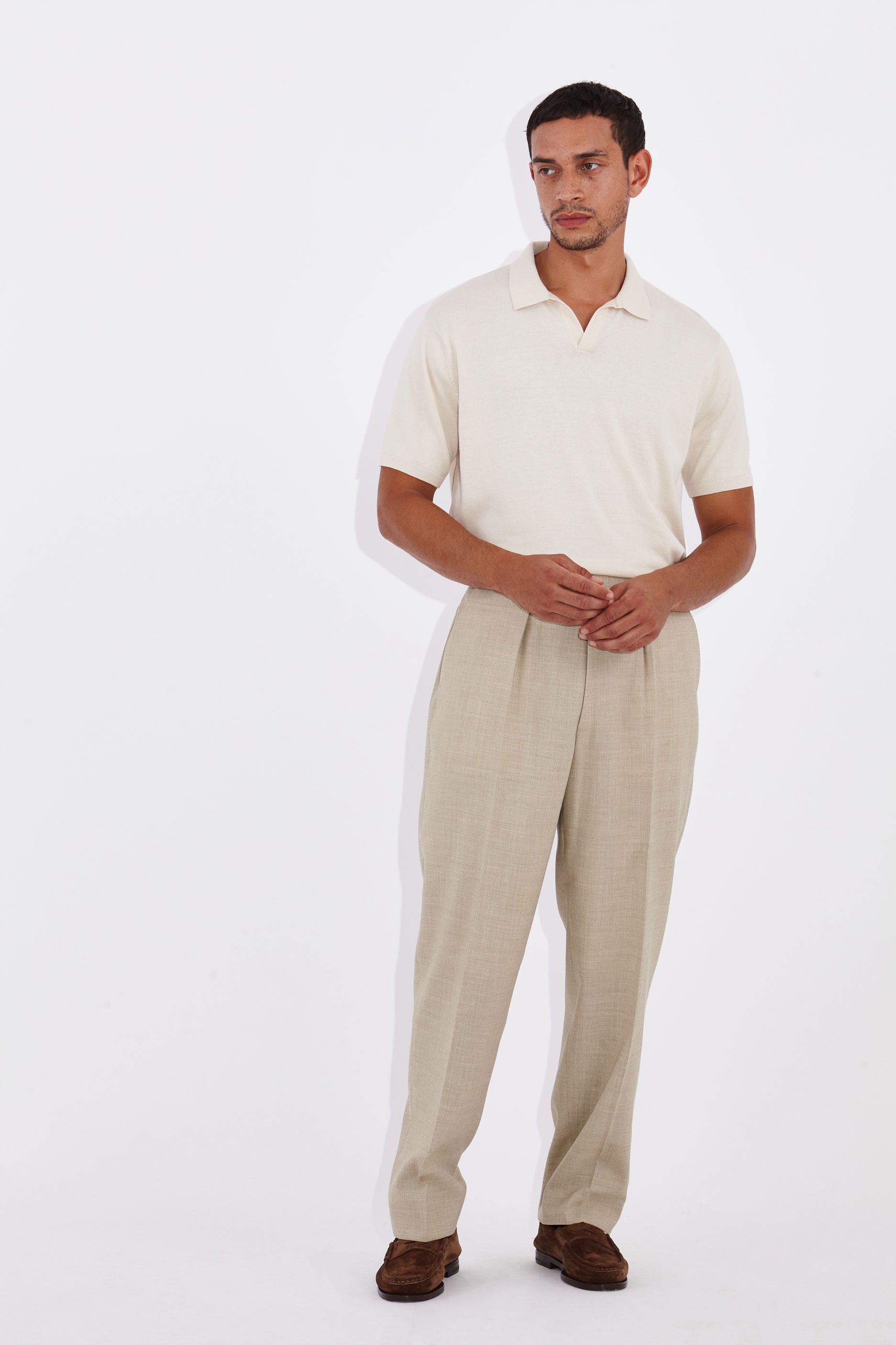 Casely-Hayford Joel Honeycomb Sand Open Buttonless Placket Polo.