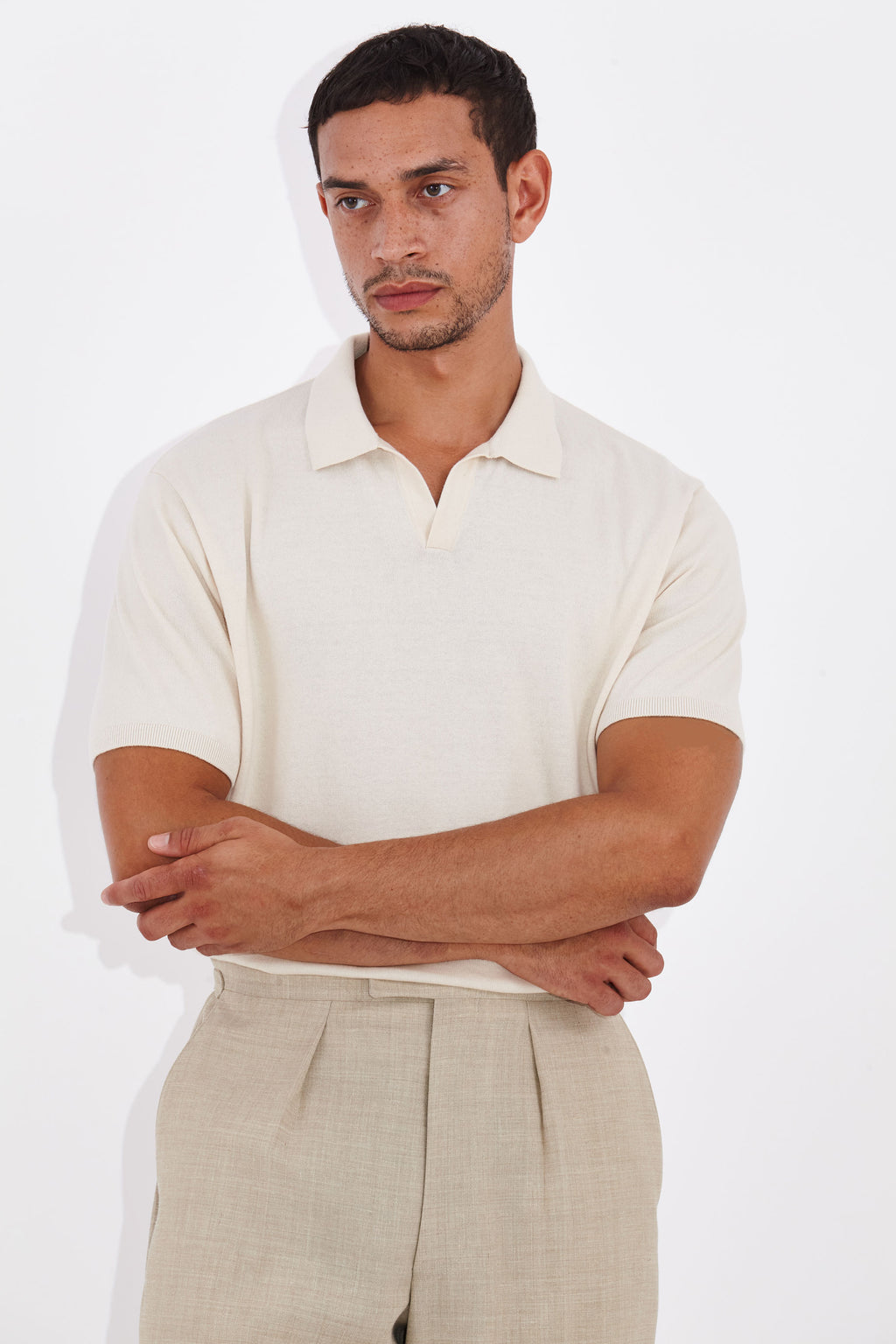 Casely-Hayford Joel Honeycomb Sand Open Buttonless Placket Polo.