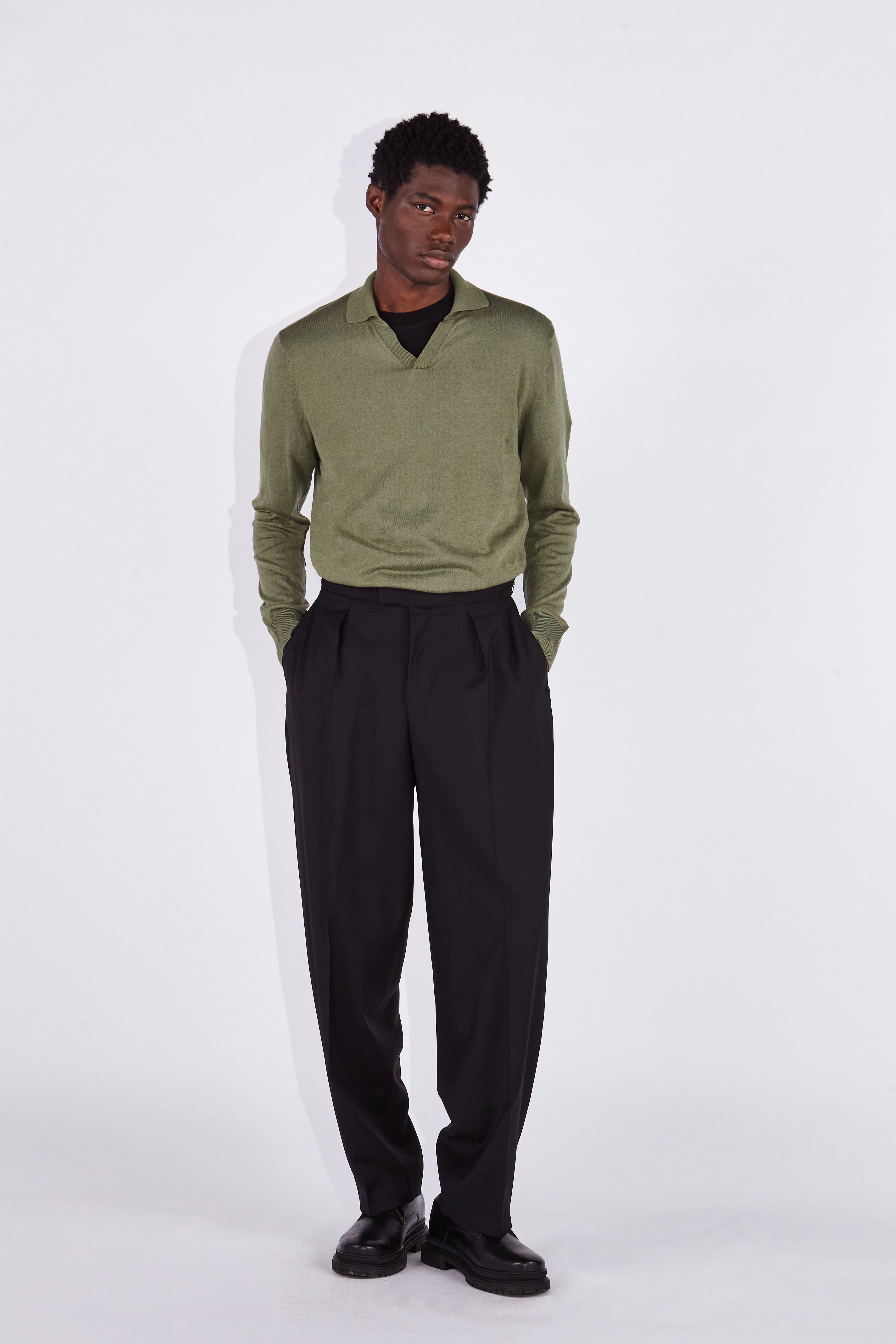 Caleb Sage Green Open Placket Knitted Polo Shirt