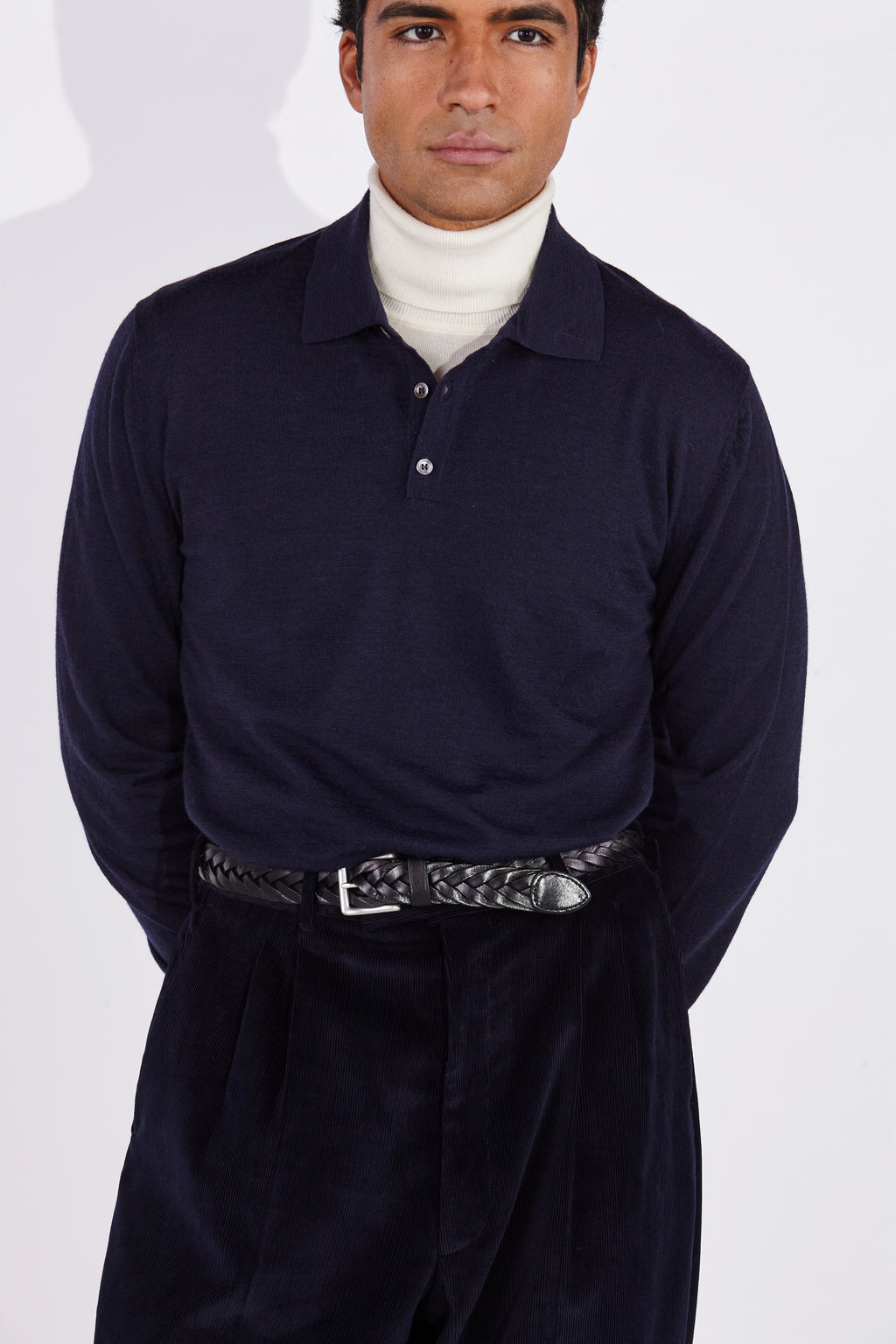 Leo Navy Knitted Polo Merino Wool Shirt