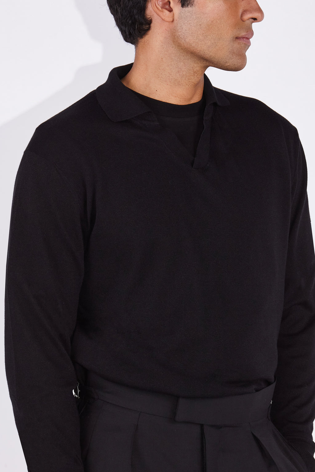 Caleb Black Open Placket Knitted Polo Shirt
