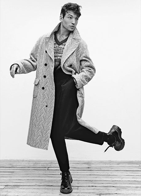 Ezra Miller wears the Casely-Hayford ELEKTRA double-breasted coat
