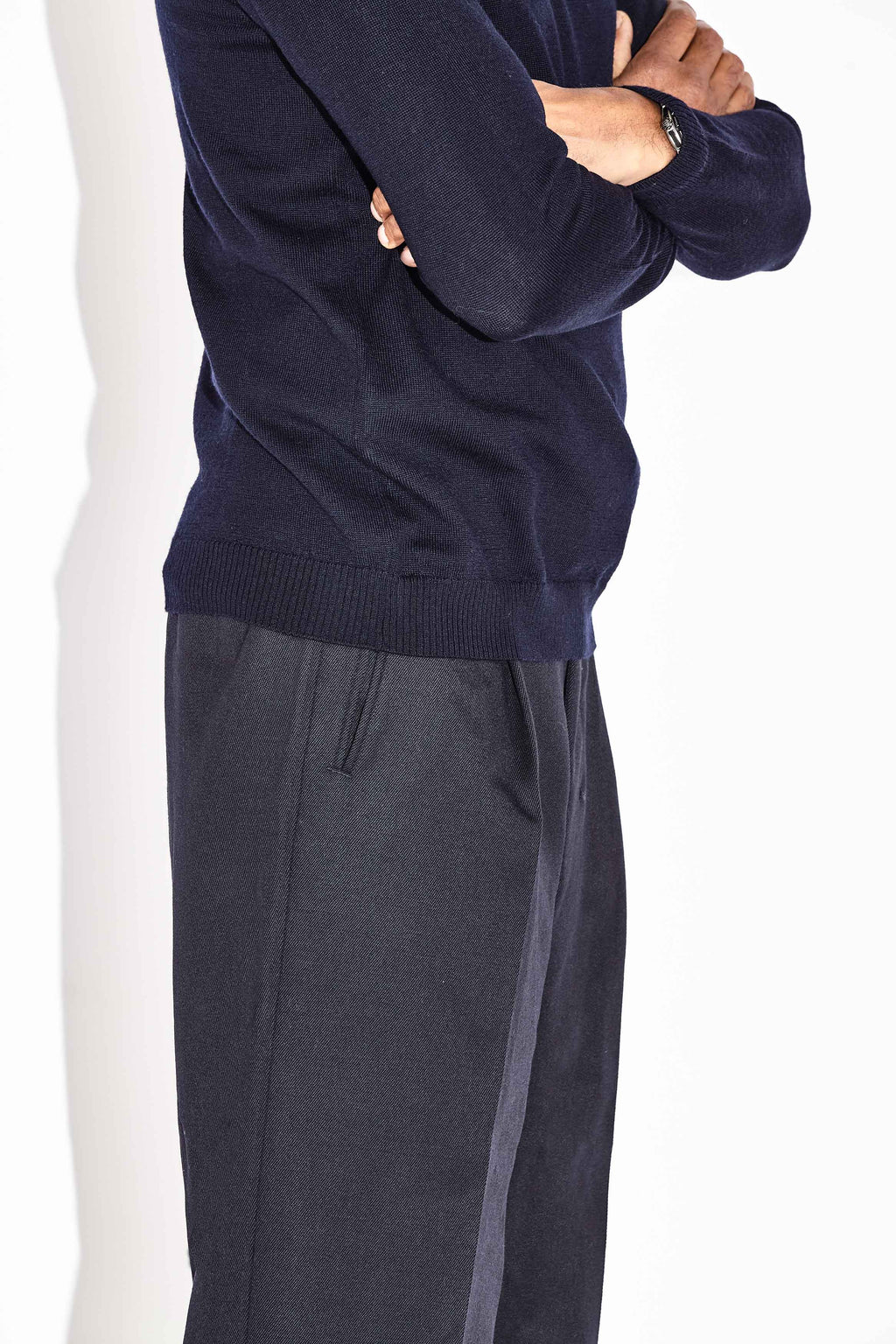 Model wears Casely-Hayford Augustin Charcoal Crew Neck Cotton Jumper.