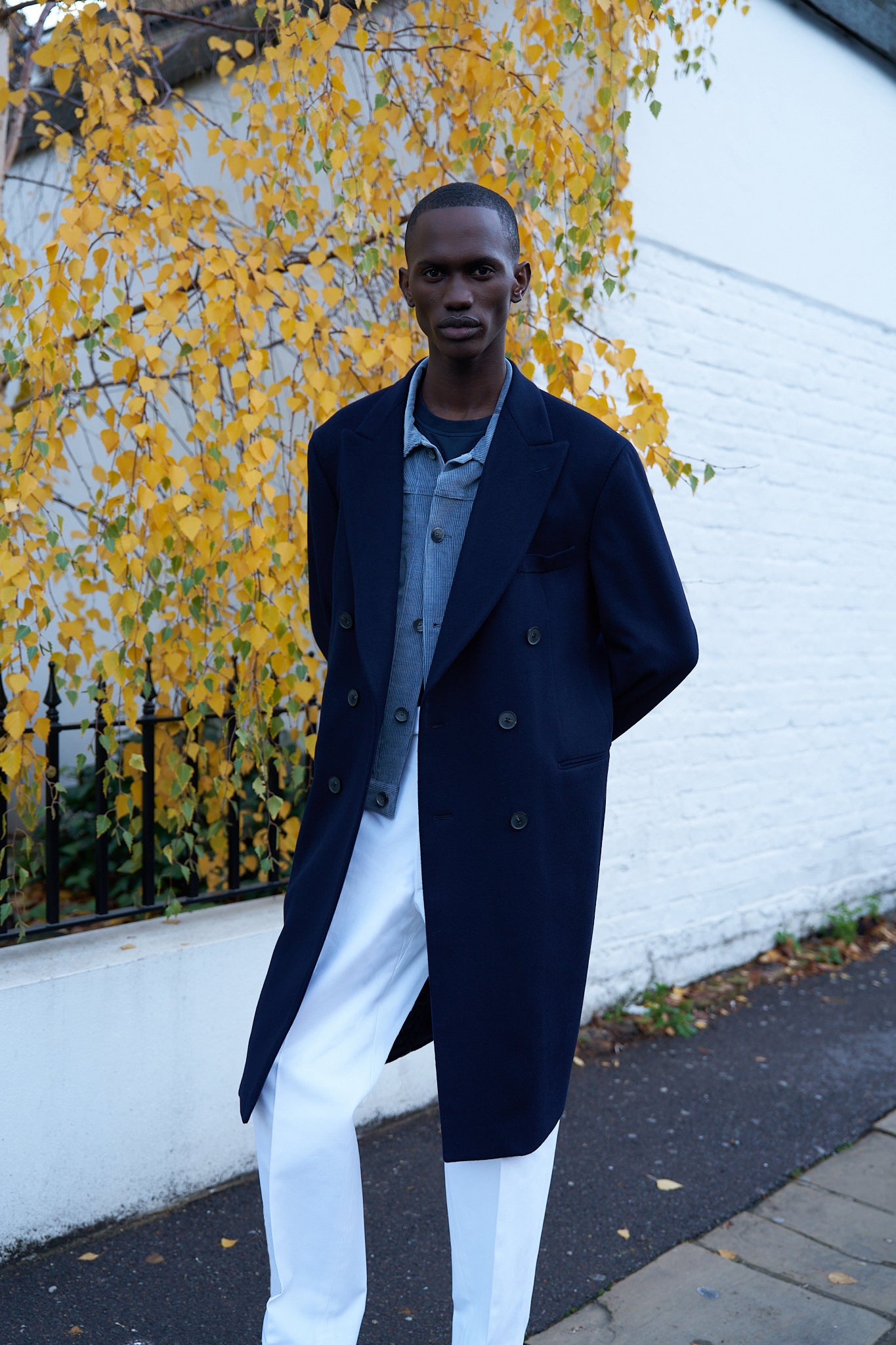 レディース Joe Casely-Hayford ウールトレンチコート イングランド製 紺色