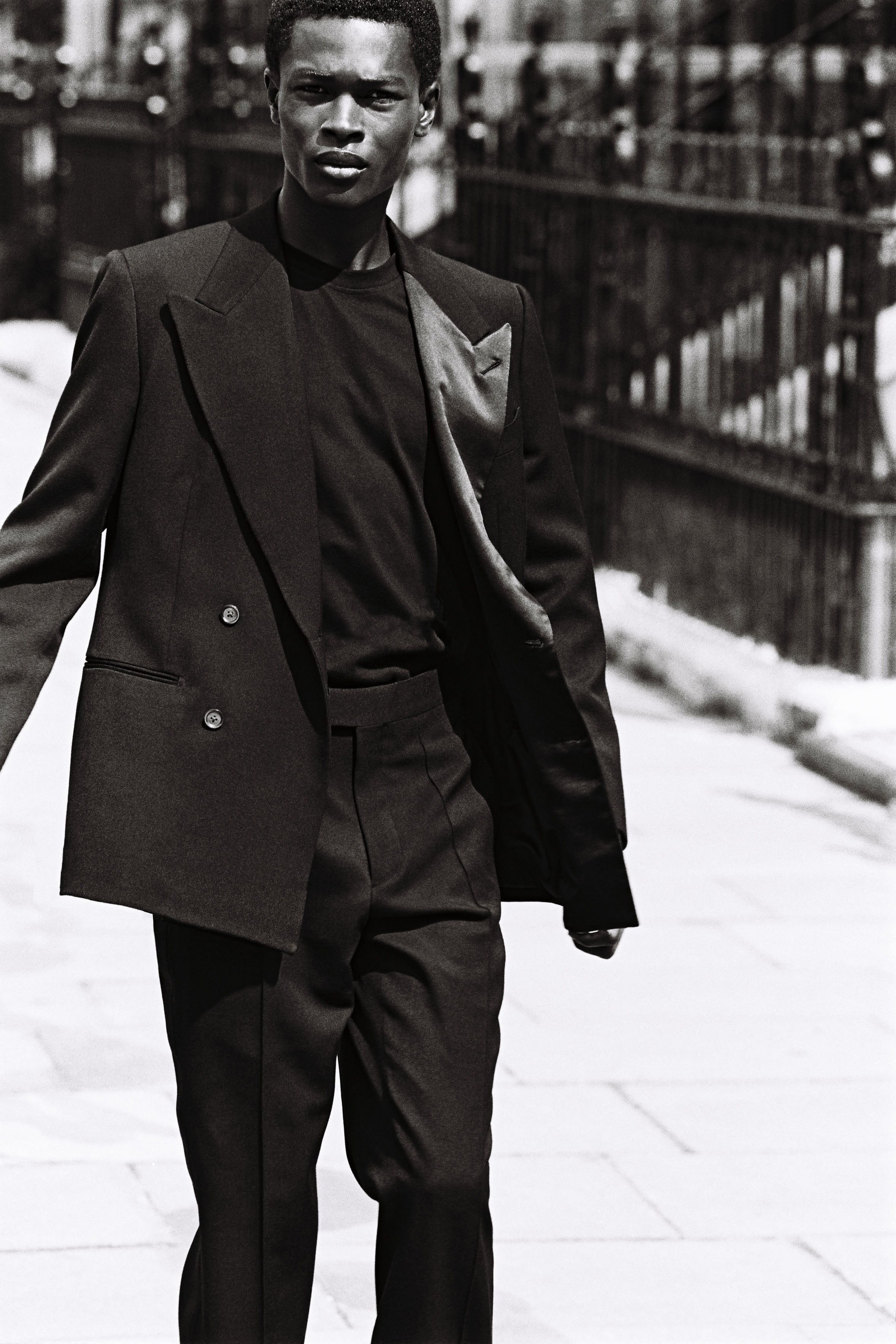 Model wears Casely-Hayford Hector tuxedo in black. 