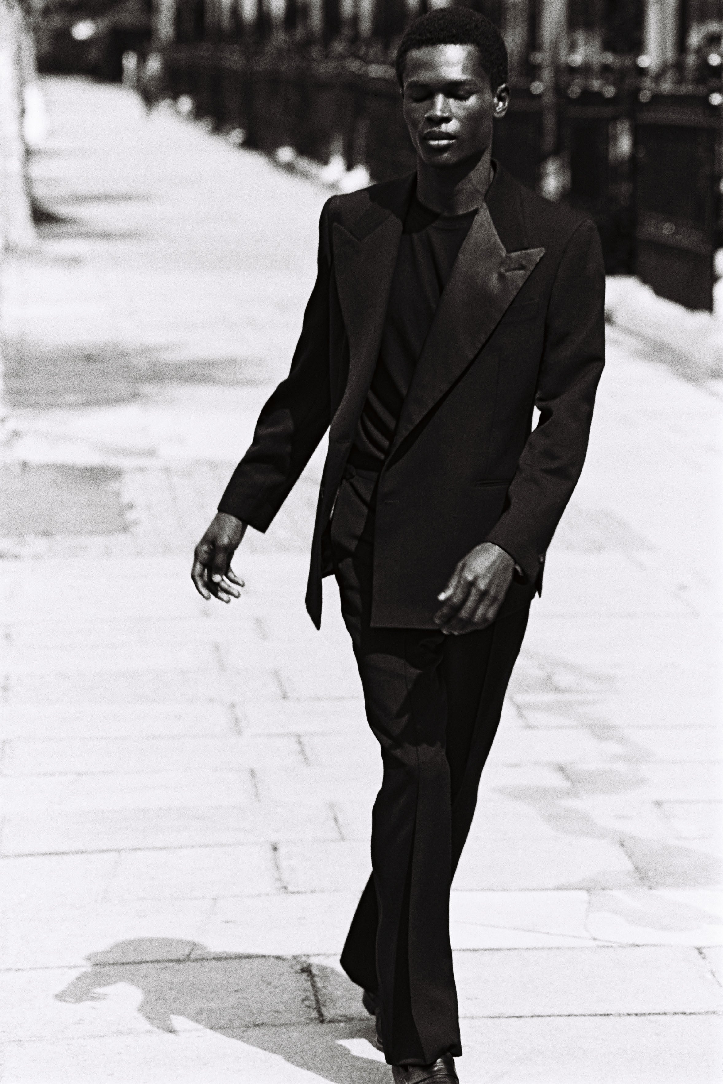 Model wears Casely-Hayford tuxedo in black. 