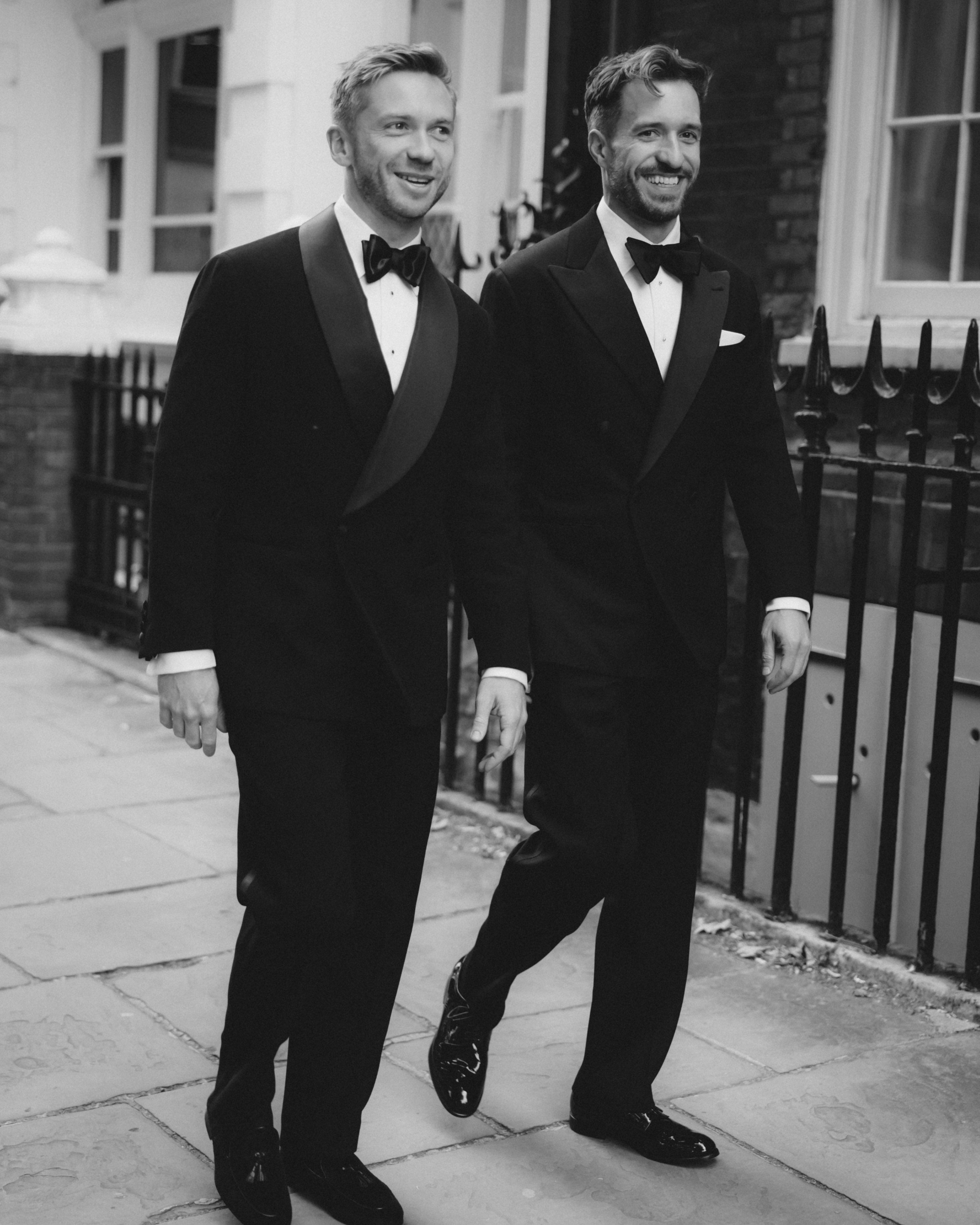Grooms wear Casely-Hayford signature tuxedos for wedding day. 