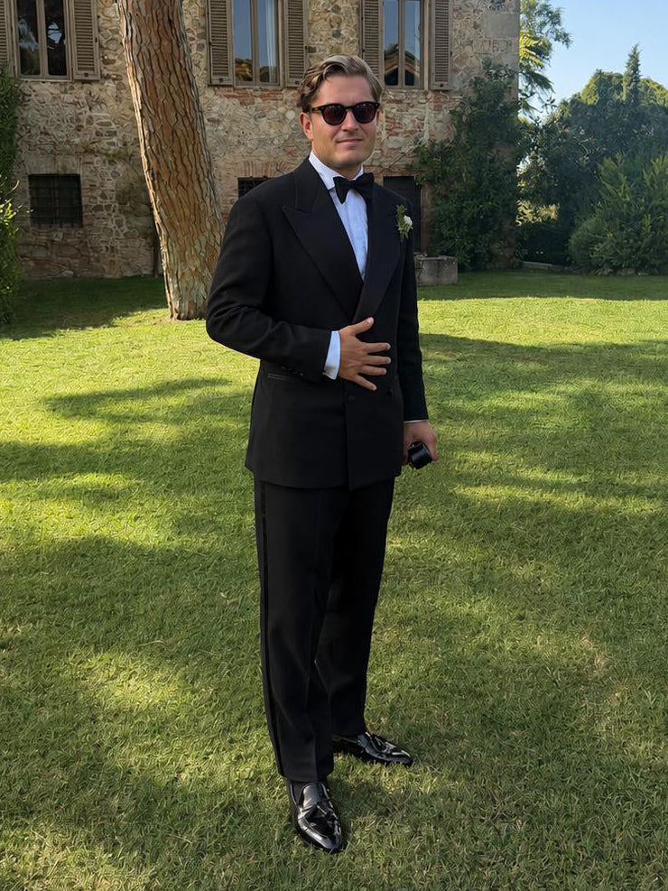 Client wear Casely-Hayford dinner suit in black. 