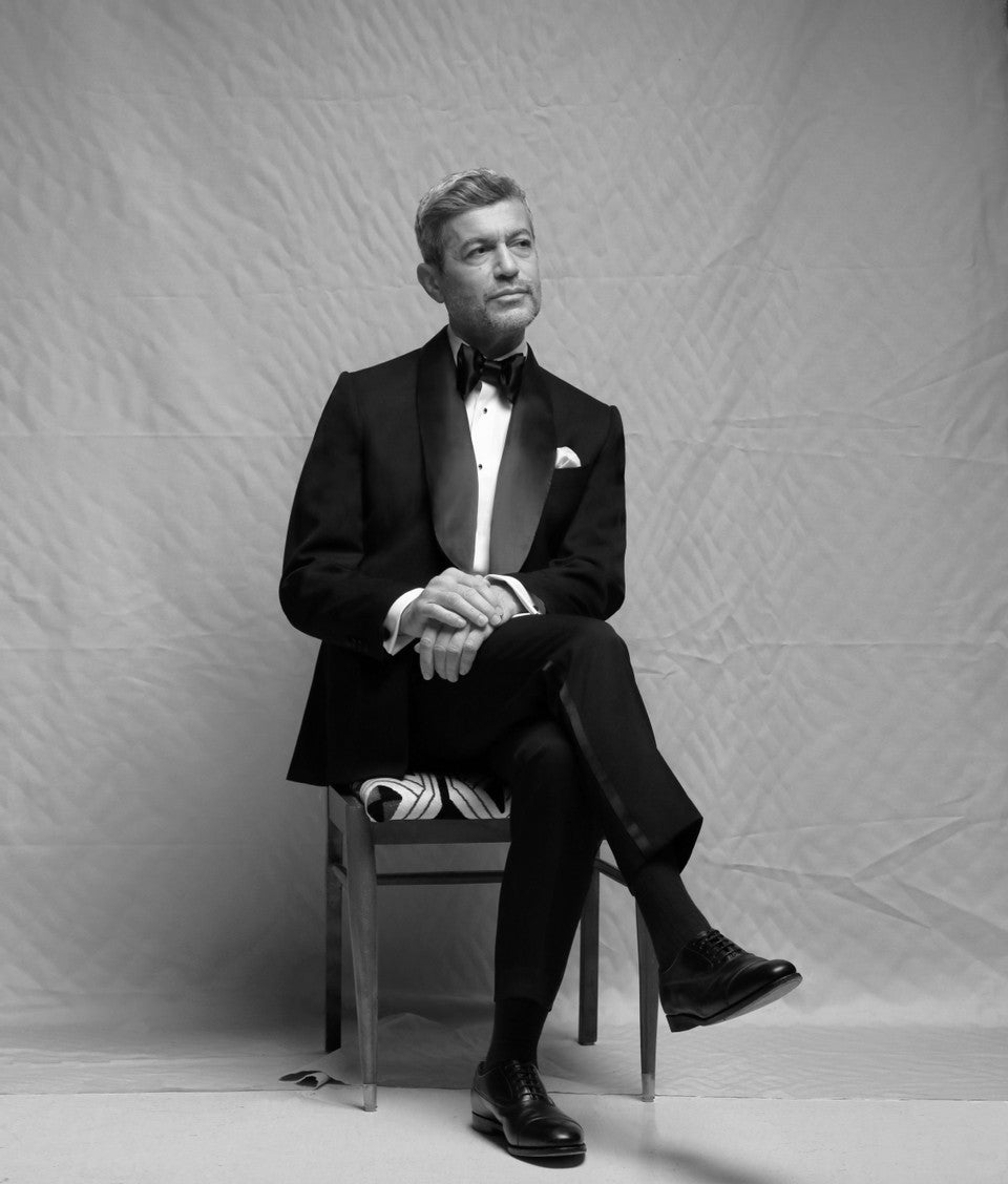 Black and white image of model wear Casely-Hayford tuxedo. 