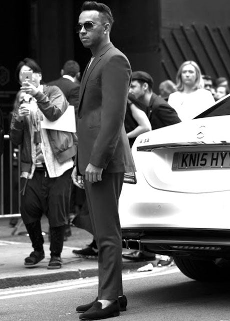 Lewis Hamilton wears a Casely-Hayford custom wool HAIDEN suit