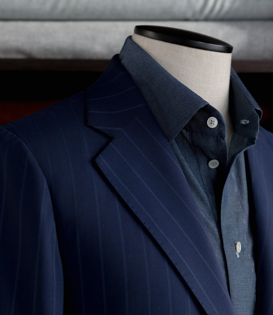 Casely-Hayford made-to-measure pinstripe blazer in navy.