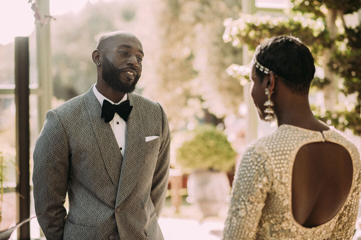 Groom wears Casely-Hayford made-to-measure wedding tuxedo. 