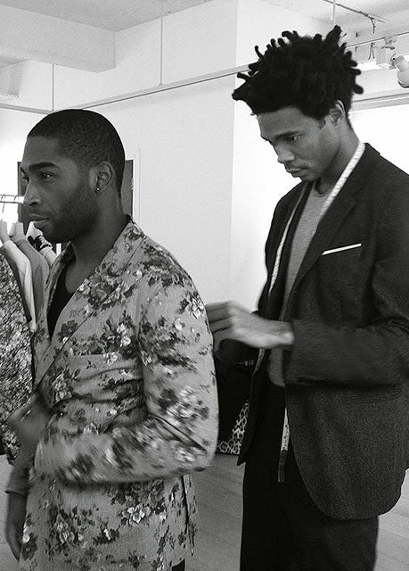 Tinie Tempah being fitting for a custom Casely-Hayford floral REUBEN jacket
